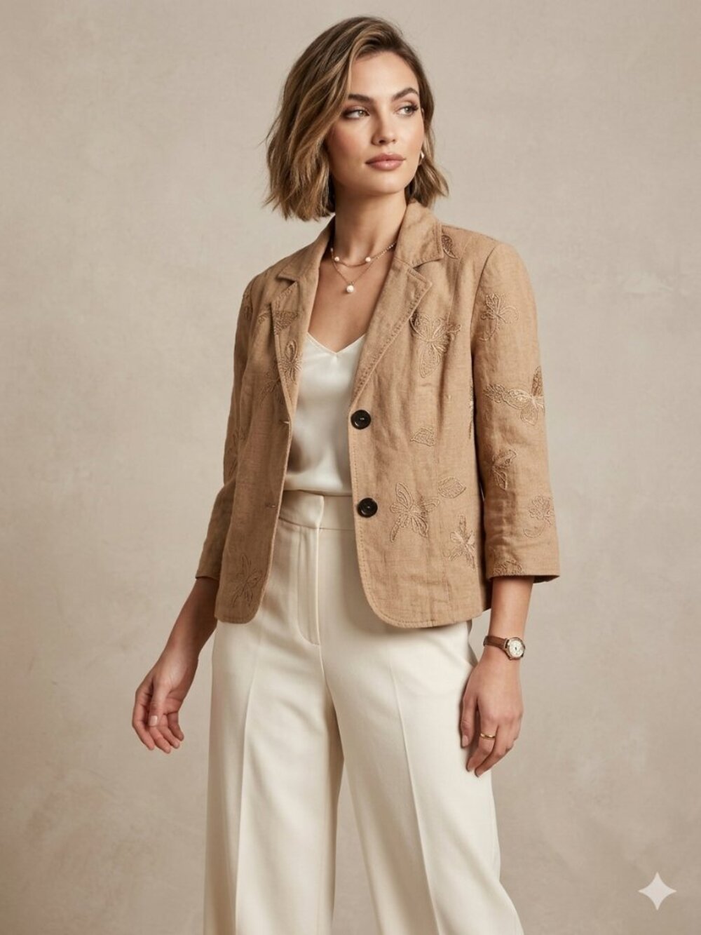 RQT Tan Embroidered Linen Cotton Blazer Jacket Size L | Boho Cottagecore
